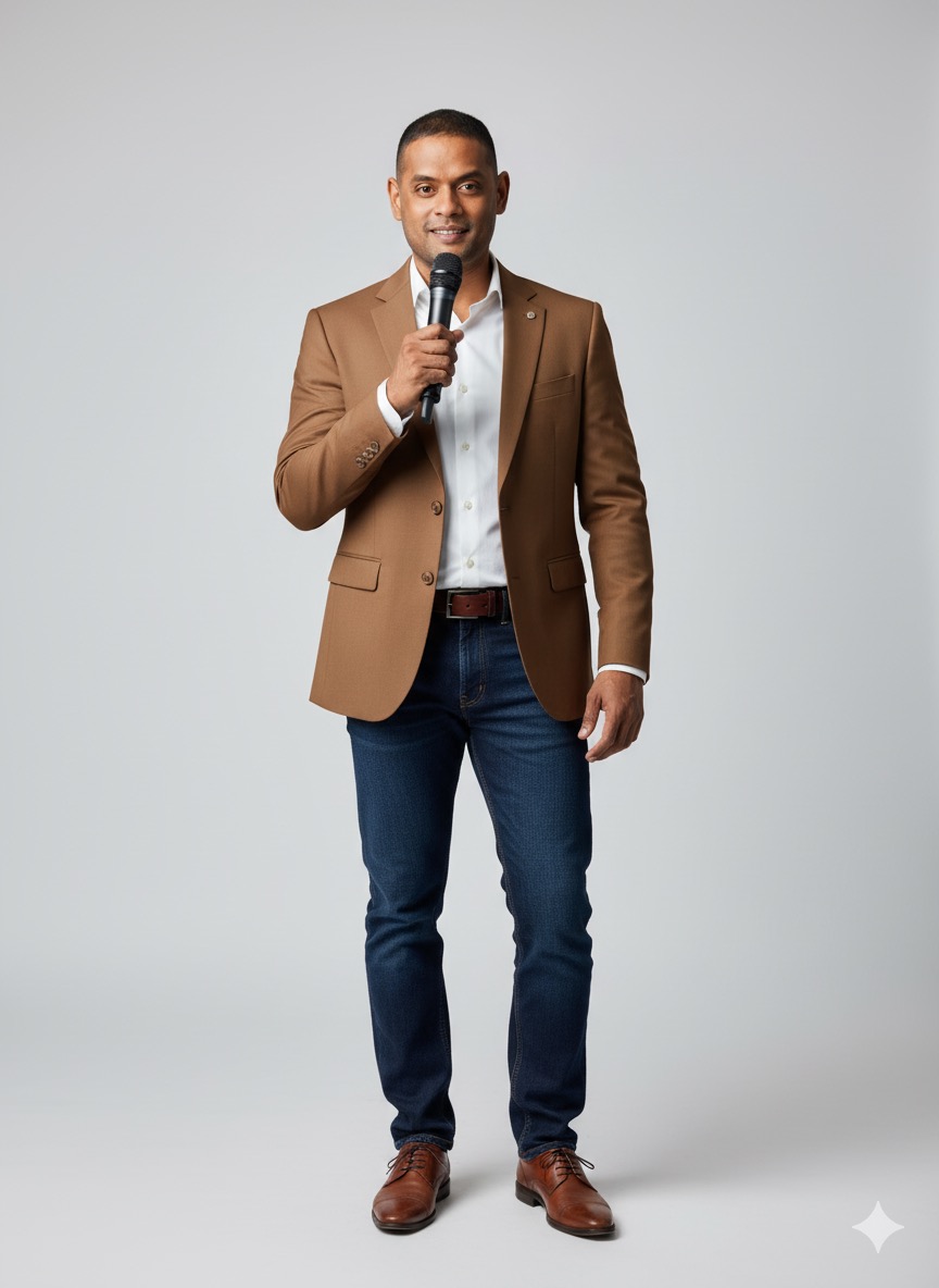 Adam Prakash in a brown blazer holding a microphone