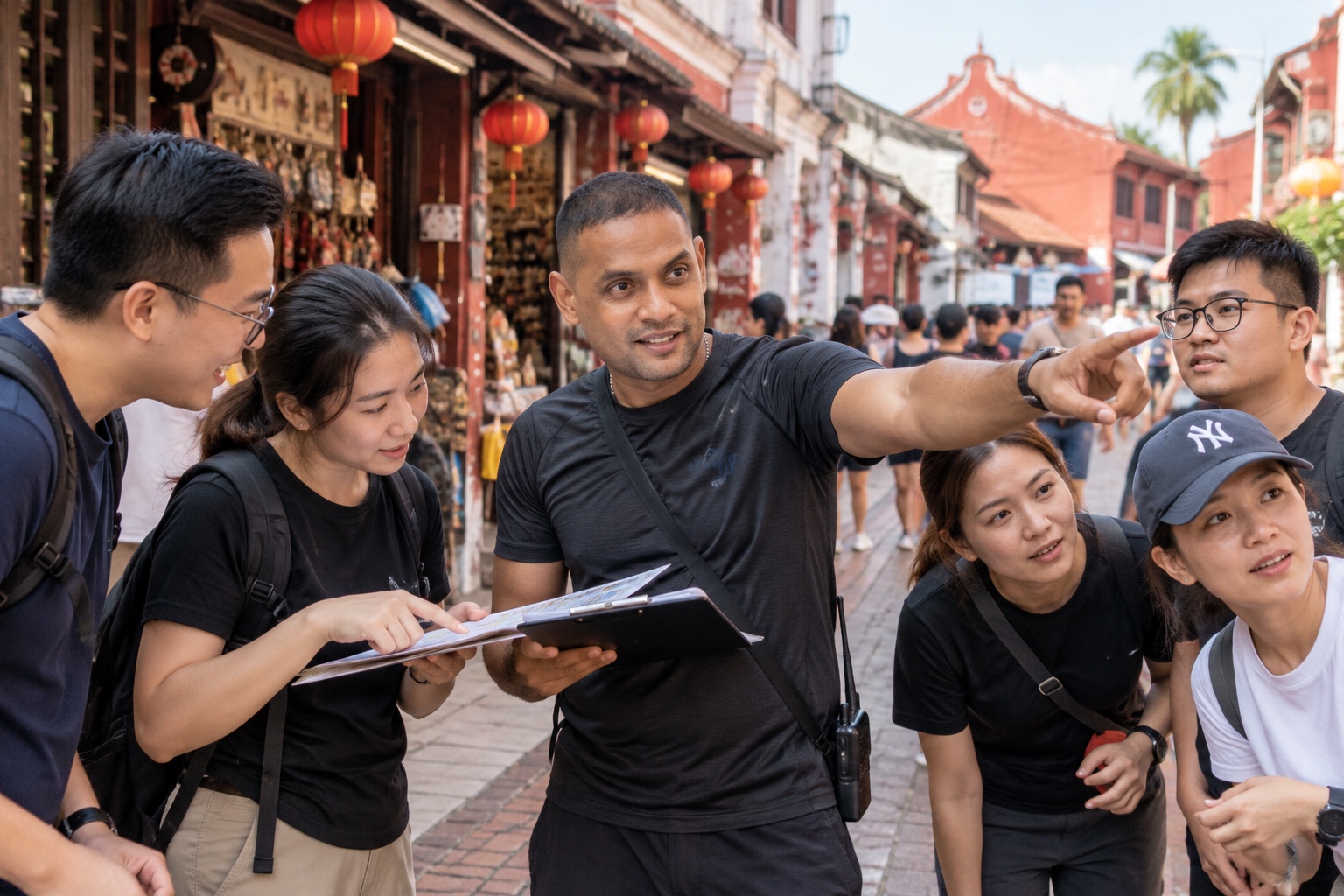 Adam Prakash guiding a corporate treasure hunt team on Jonker Street in Melaka